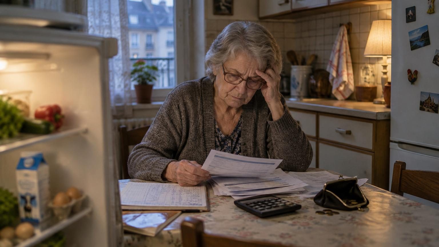Anne, 78 ans, assise à une table avec son carnet de budget, entourée de colonnes de chiffres et de billets, effectuant ses calculs mensuels précaires pour survivre.