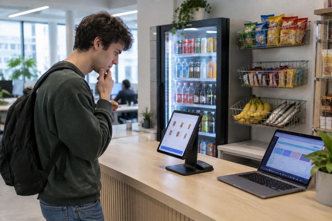 Interface de boutique interne avec réfrigérateur, paniers et iPad caisse; derrière, code informatique et interface d'IA gérant l'opération commerciale en temps réel.