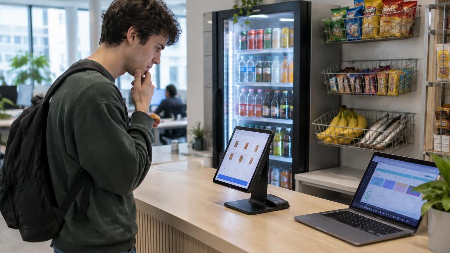Interface de boutique interne avec réfrigérateur, paniers et iPad caisse; derrière, code informatique et interface d'IA gérant l'opération commerciale en temps réel.