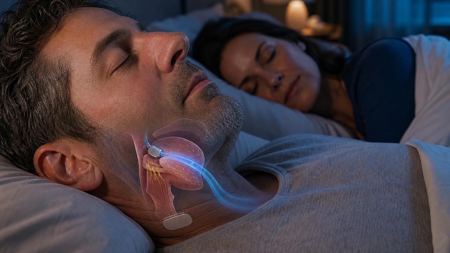Illustration schématique montrant la position d'un implant sous le menton et d'un patch externe activant le dispositif durant le sommeil pour maintenir les voies aériennes ouvertes.