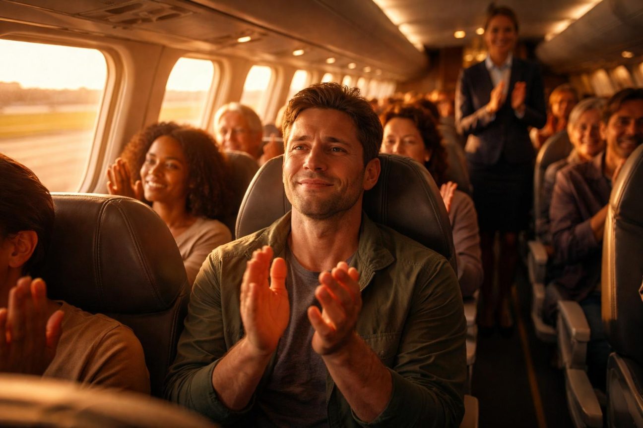 Intérieur d'une cabine d'avion avec des mains levées qui applaudissent pendant l'atterrissage, passagers soulagés et heureux.