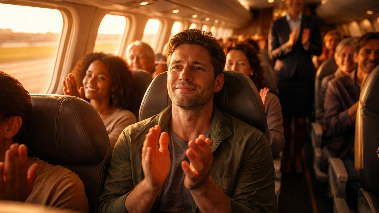 Intérieur d'une cabine d'avion avec des mains levées qui applaudissent pendant l'atterrissage, passagers soulagés et heureux.