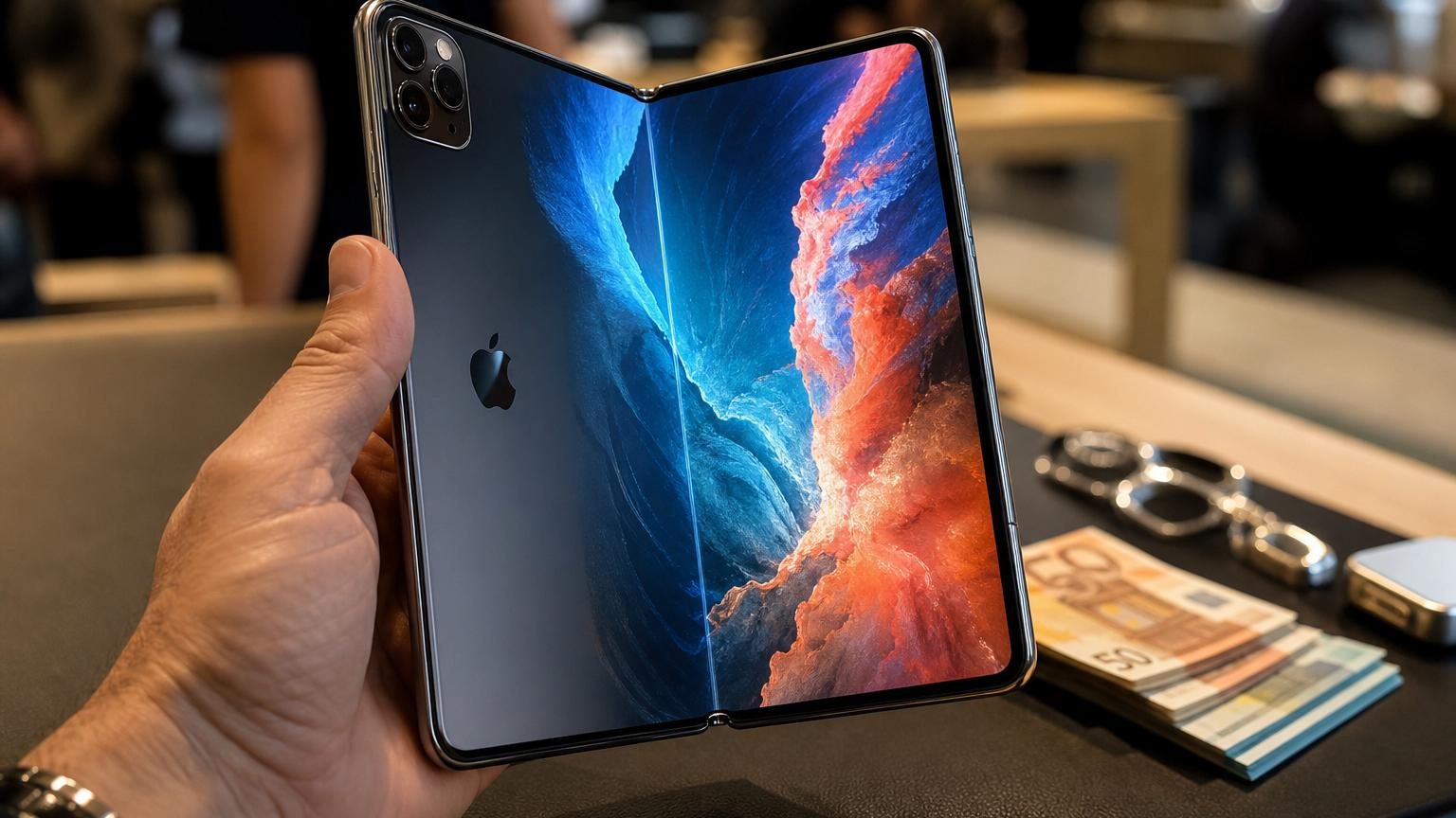 Main déployant un iPhone pliant ouvert comme un livre, révélant un grand écran intérieur dans une boutique Apple, avec le prix de 2 000 euros affiché sur la vitre.