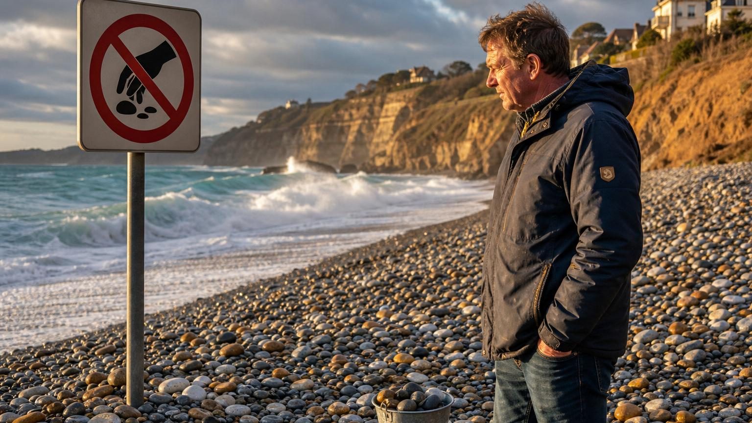 Un promeneur observant des galets lisses sur une plage de galets gris et blancs, sans en remplir son seau