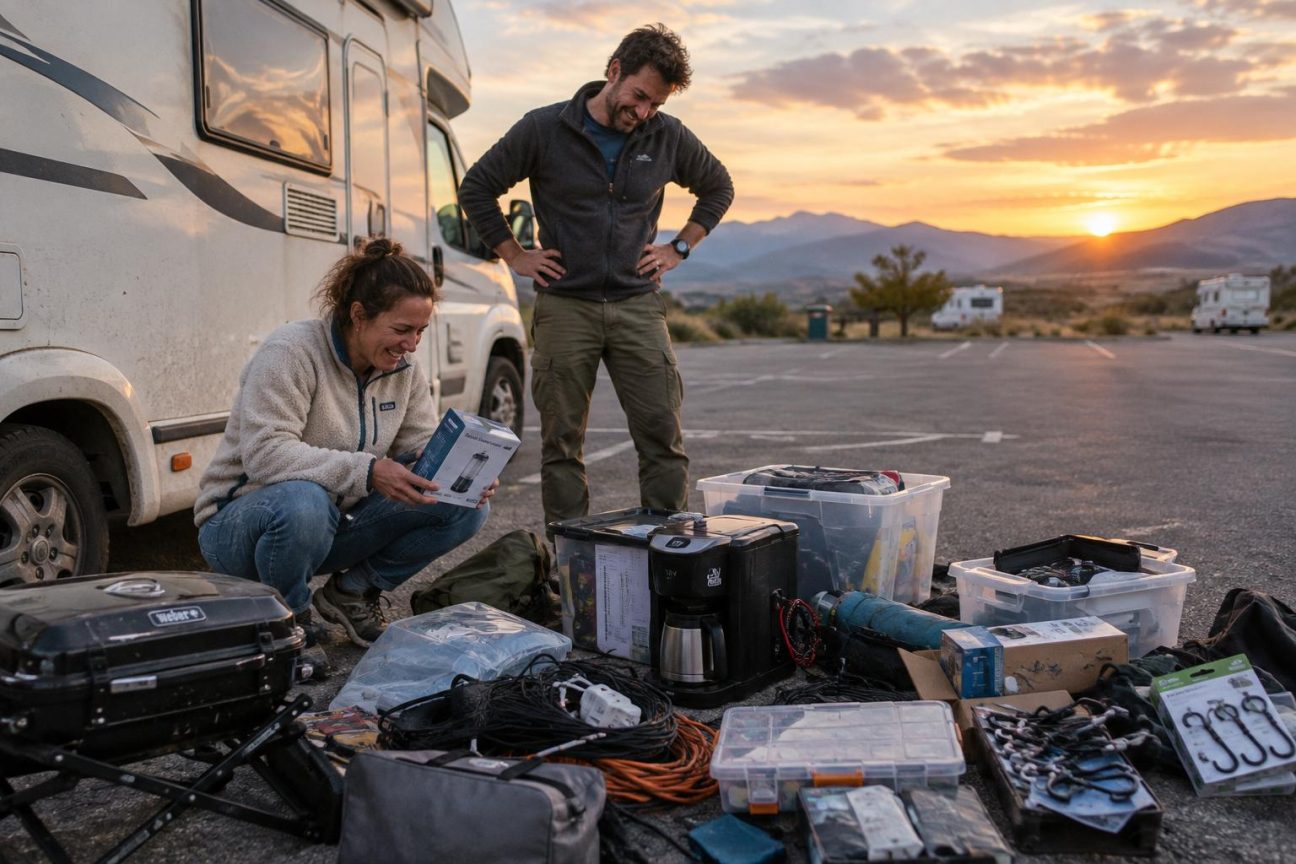 Deux voyageurs étalent sur le goudron d'une aire de stationnement vide en fin d'après-midi tous les gadgets et accessoires inutiles accumulés durant dix mois de voyage en camping-car, formant un vide-greniers improvisé rempli d'objets jamais utilisés.