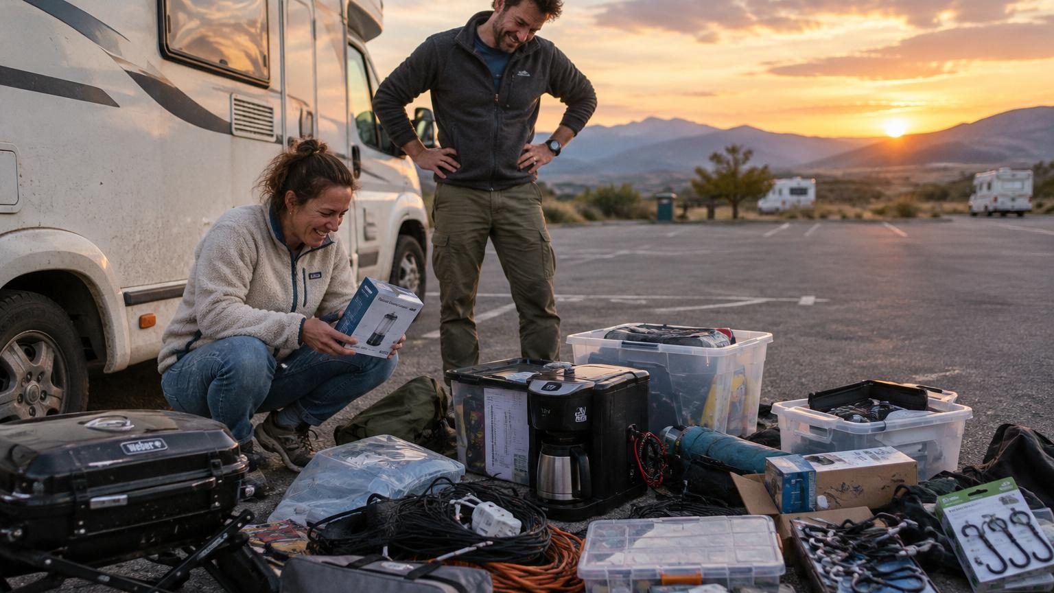 Deux voyageurs étalent sur le goudron d'une aire de stationnement vide en fin d'après-midi tous les gadgets et accessoires inutiles accumulés durant dix mois de voyage en camping-car, formant un vide-greniers improvisé rempli d'objets jamais utilisés.