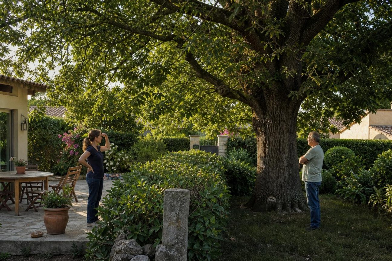 Illustration d'une haie mitoyenne épaisse entre deux jardins avec branches dépassant de chaque côté et ombre projetée.