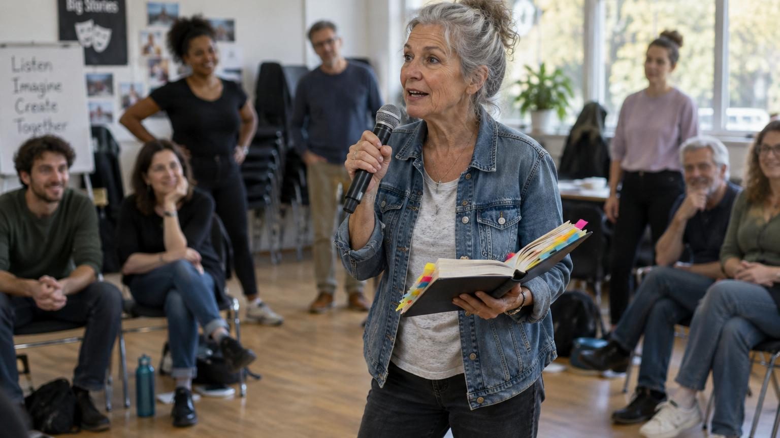 Femme aux cheveux gris relevés, vêtue d'un jean délavé et de baskets blanches, tenant un micro avec assurance, carnet coloré plein de notes devant elle, prête à animer un atelier de théâtre devant une audience.