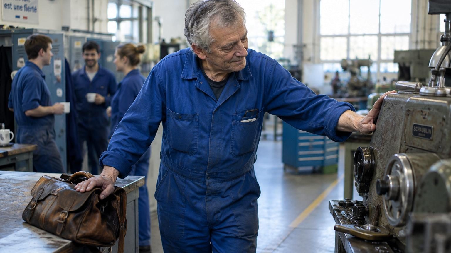 Un homme vêtu d'un bleu de travail, légèrement voûté mais au regard vif, posant sa sacoche en cuir près d'un vestiaire d'atelier, symbolisant son attachement au travail malgré l'approche de la retraite.