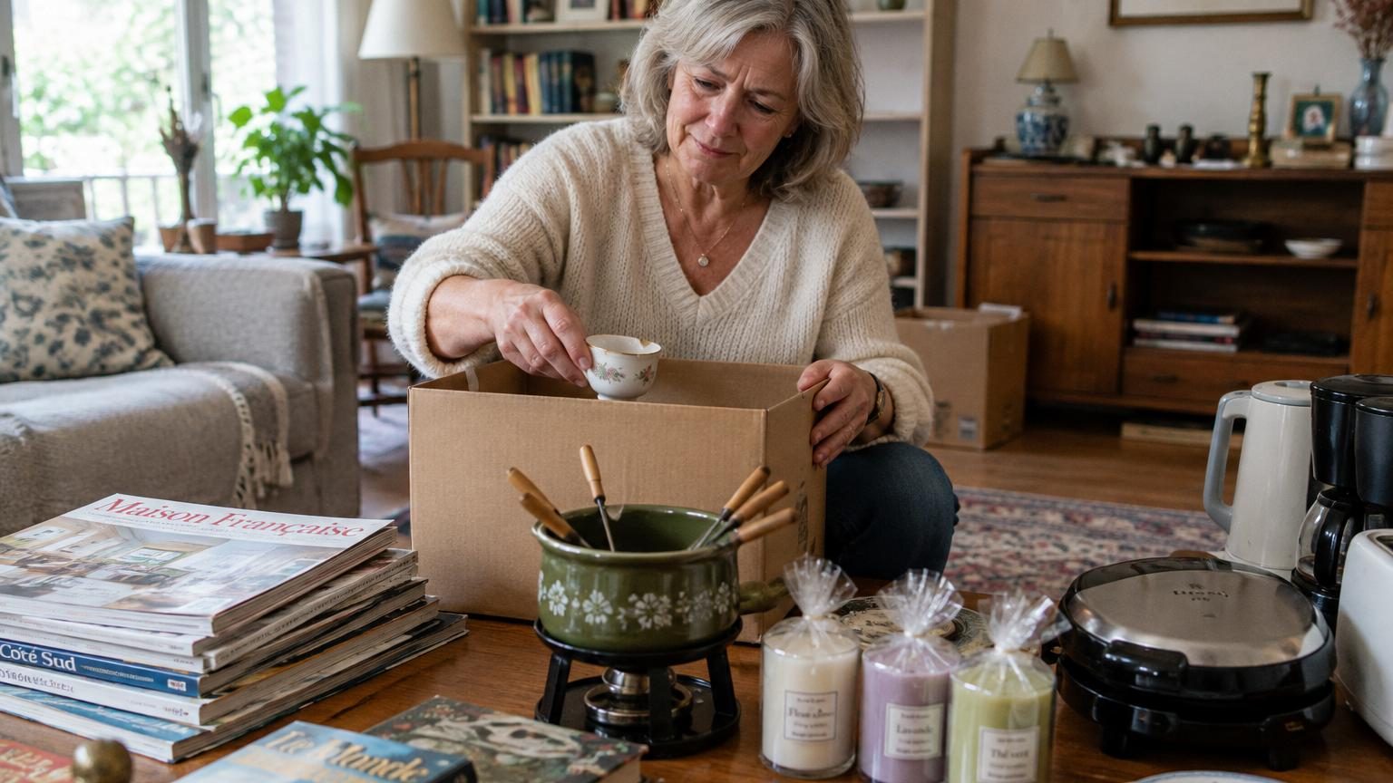 Femme d'âge mûr triant des objets domestiques accumulés dans des cartons et piles, regardant une tasse ébréchée avec nostalgie avant de la placer dans un carton de départ.