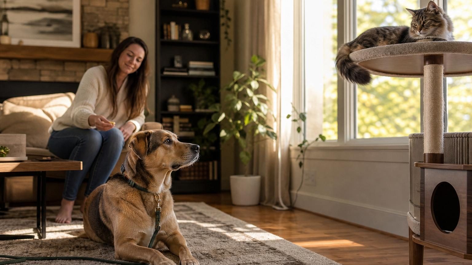 Un chien et un chat se regardent calmement dans un intérieur, assis à distance l'un de l'autre sur un sol clair.
