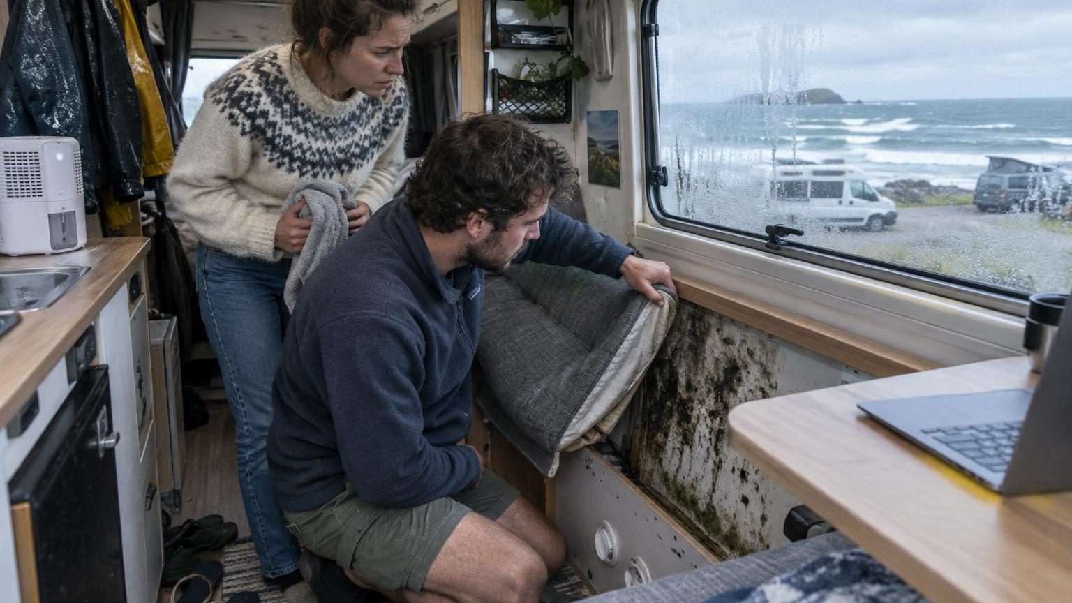 Camping-car stationnné face à la mer par mauvais temps, avec des vagues grises en arrière-plan et des gouttes d'eau sur les vitres, symbolisant le défi de l'humidité côtière.