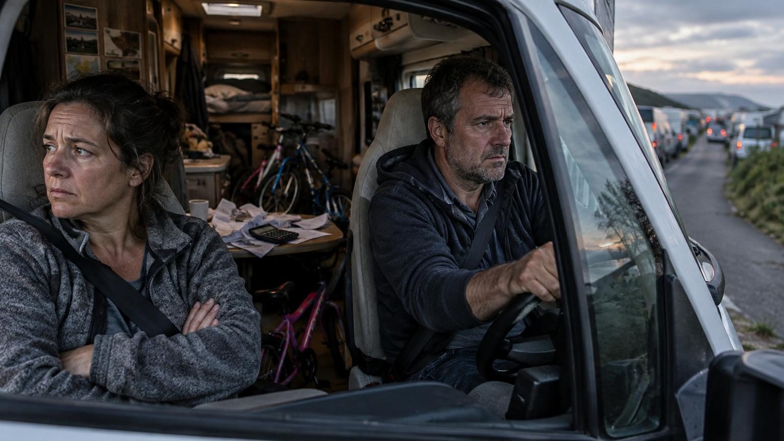 Intérieur d'un camping-car avec deux personnes assises à l'avant, vélos d'enfants entreposés à l'arrière, factures empilées sur la table du repas, illustrant le regret d'un achat coûteux.