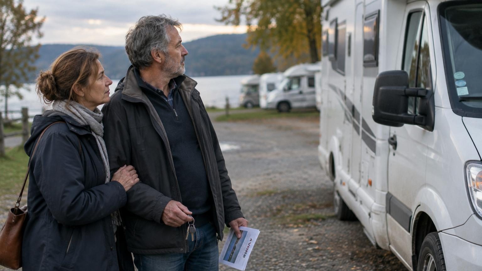 Un couple observe des camping-cars blancs alignés en parking face à la mer, questionnant leur choix de vie nomade.