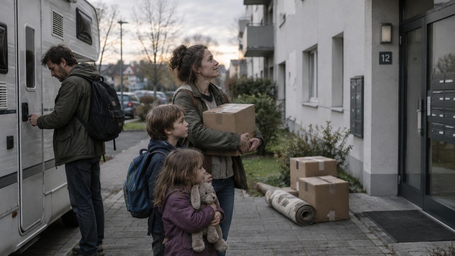 Camping-car blanc chargé sur un trottoir devant une maison vendue, avec cartons empilés et deux personnes souriant face à l'objectif avant leur départ.