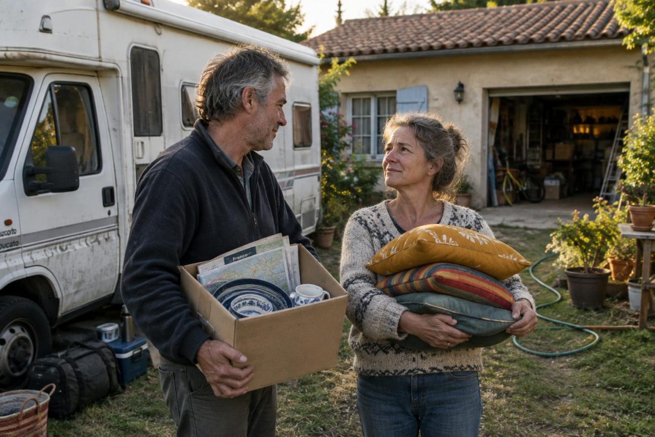 Jean et Marie debout devant leur cinquième camping-car blanc garé dans un jardin, tenant des coussins et des cartes routières près d'une maison, symbole de leur transition vers une vie semi-nomade équilibrée.