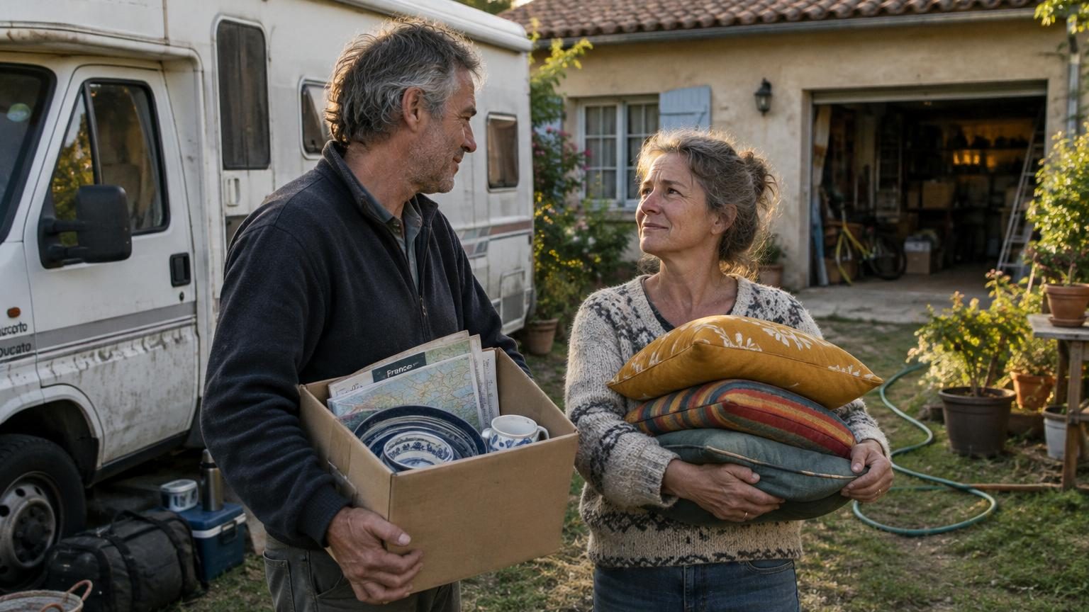 Jean et Marie debout devant leur cinquième camping-car blanc garé dans un jardin, tenant des coussins et des cartes routières près d'une maison, symbole de leur transition vers une vie semi-nomade équilibrée.