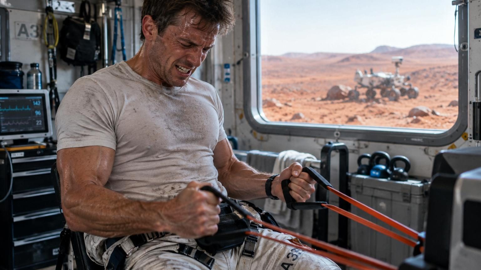 Illustration conceptuelle d'astronautes en combinaison spatiale marchant avec difficulté sur la surface rocheuse de Mars sous une gravité réduite, symbolisant l'affaiblissement musculaire consécutif au voyage spatial.