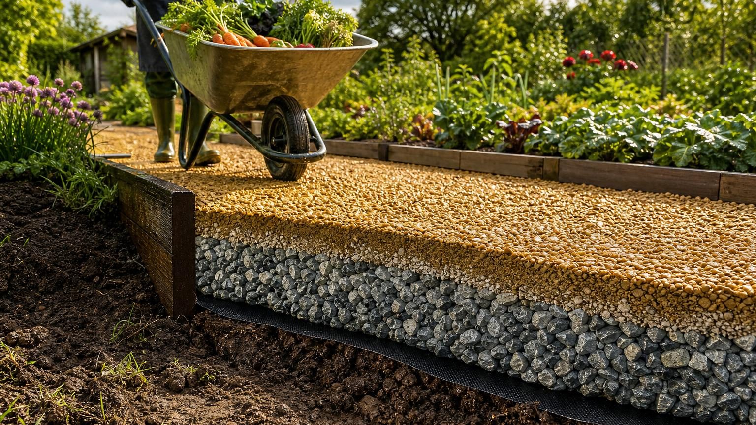 Allée de jardin bien compactée avec trois couches de gravier et bordures latérales en béton, ligne de passage nette sans ornières ni affaissement après hivers humides.
