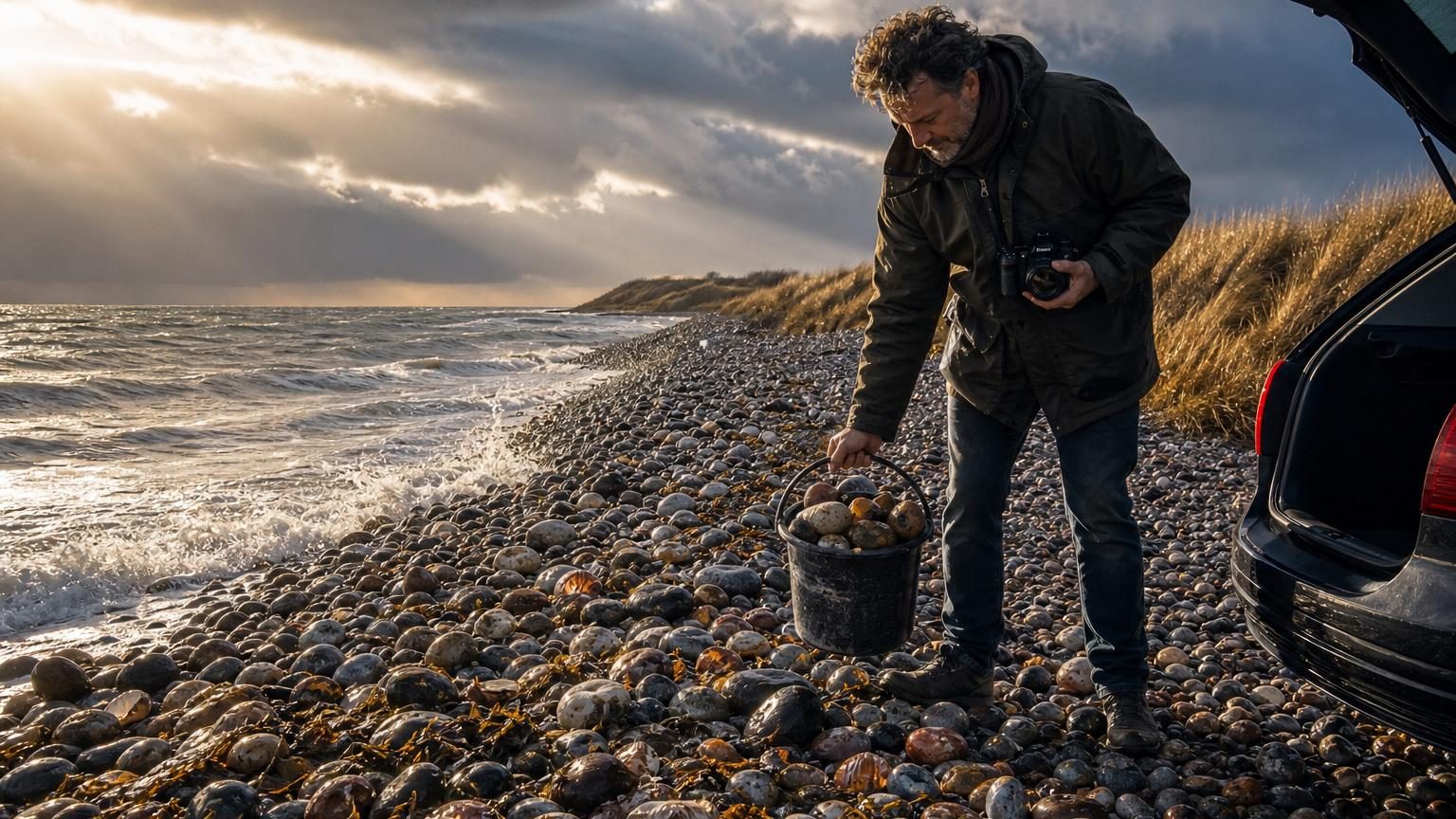 Homme ramassant des pierres lisses sur une plage de galets au bord de l'eau, avec vagues en arrière-plan.