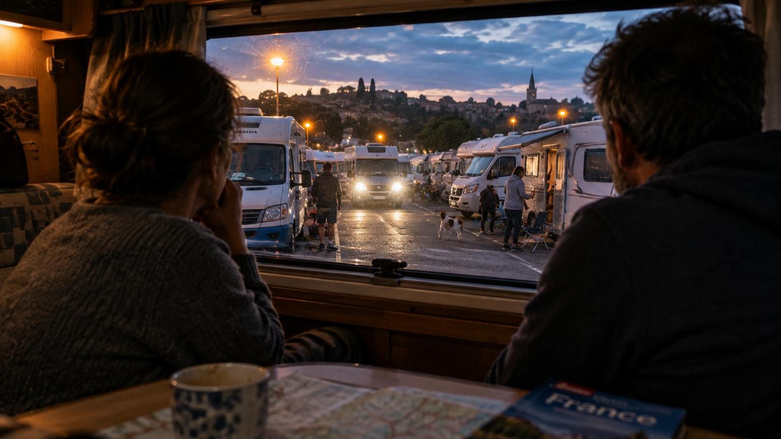 Roxane et Julien observent par la fenêtre de leur camping-car une aire de stationnement animée la nuit avec d'autres véhicules, illustrant le stress qu'ils ont décidé d'éviter.