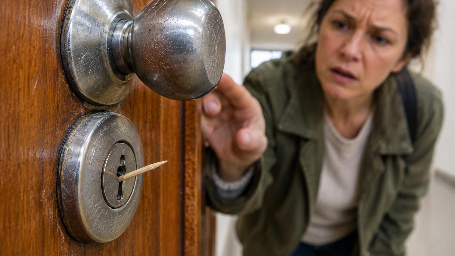 Gros plan d'une serrure de porte d'entrée avec un cure-dent en bois glissé discrètement dans le mécanisme, illustrant la méthode de repérage utilisée par les cambrioleurs.