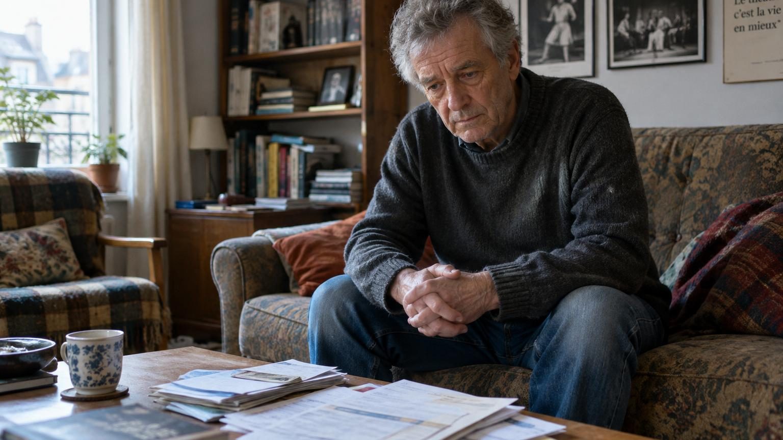 Acteur senior fatigué assis seul dans un logement exigu, avec factures et rappels de paiement sur la table, lumière tamisée contrastant avec l'obscurité.