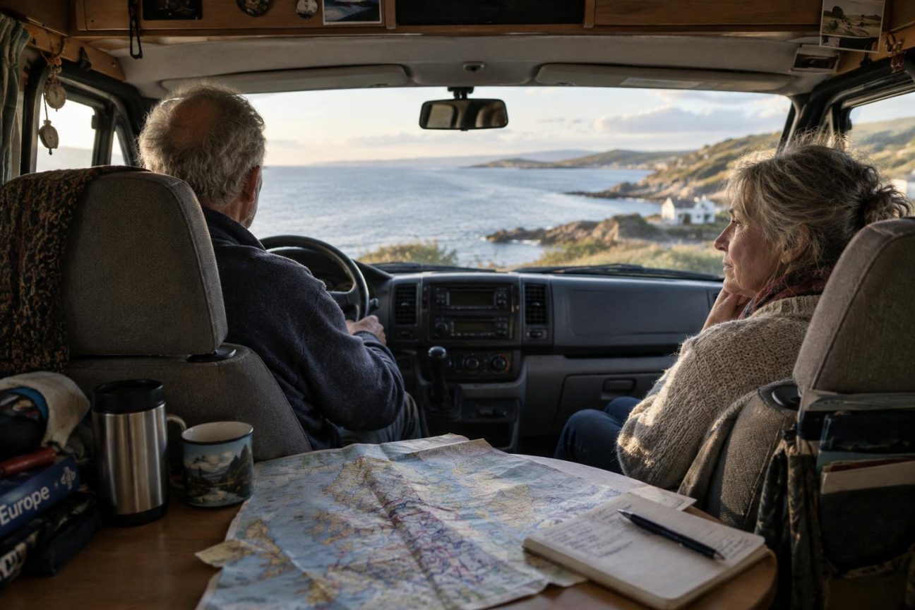 Couple de retraités à l'intérieur d'un camping-car face à une baie, regardant la mer avec une expression pensive, avec une carte de l'Europe froissée sur la table