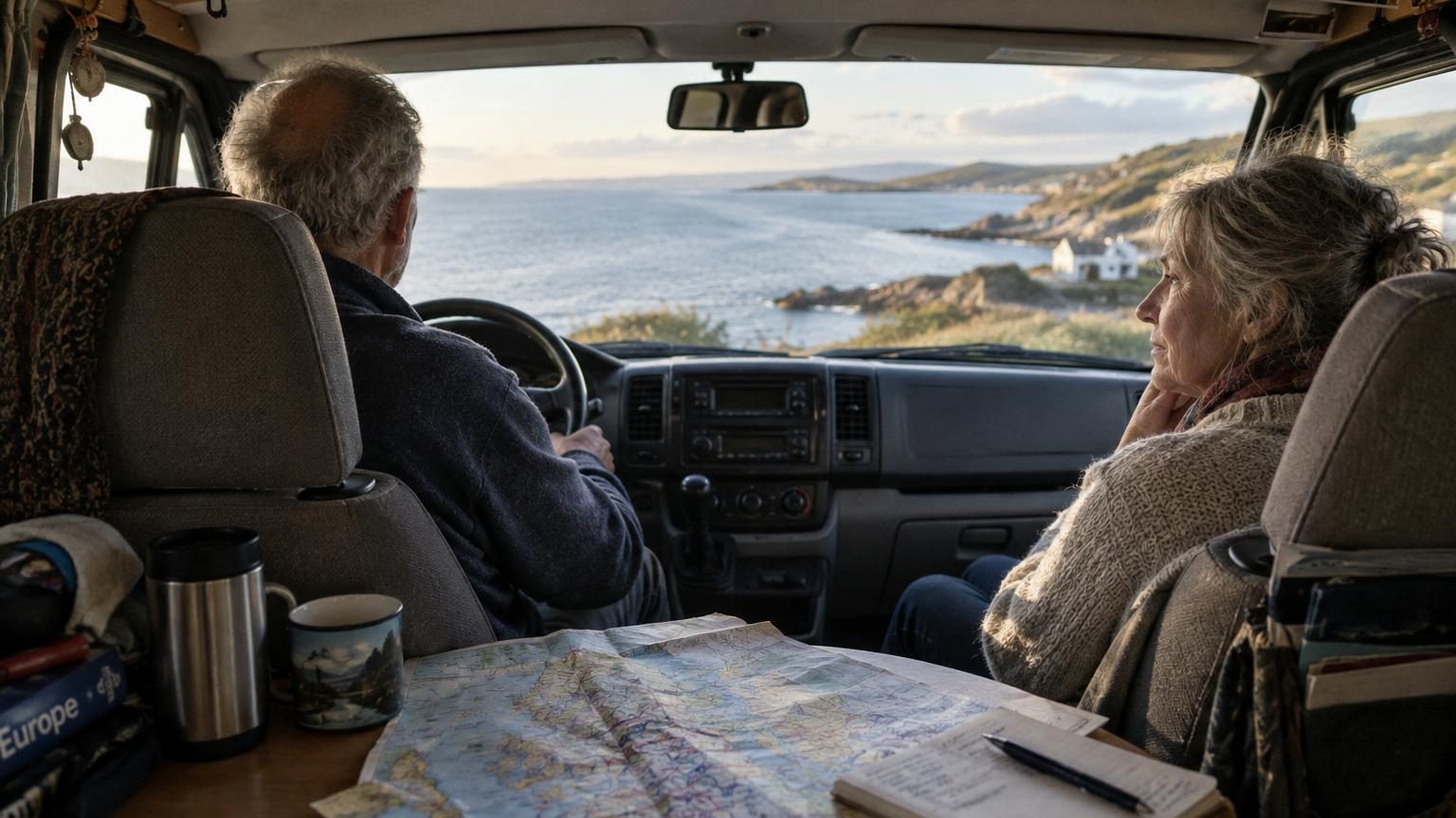 Couple de retraités à l'intérieur d'un camping-car face à une baie, regardant la mer avec une expression pensive, avec une carte de l'Europe froissée sur la table