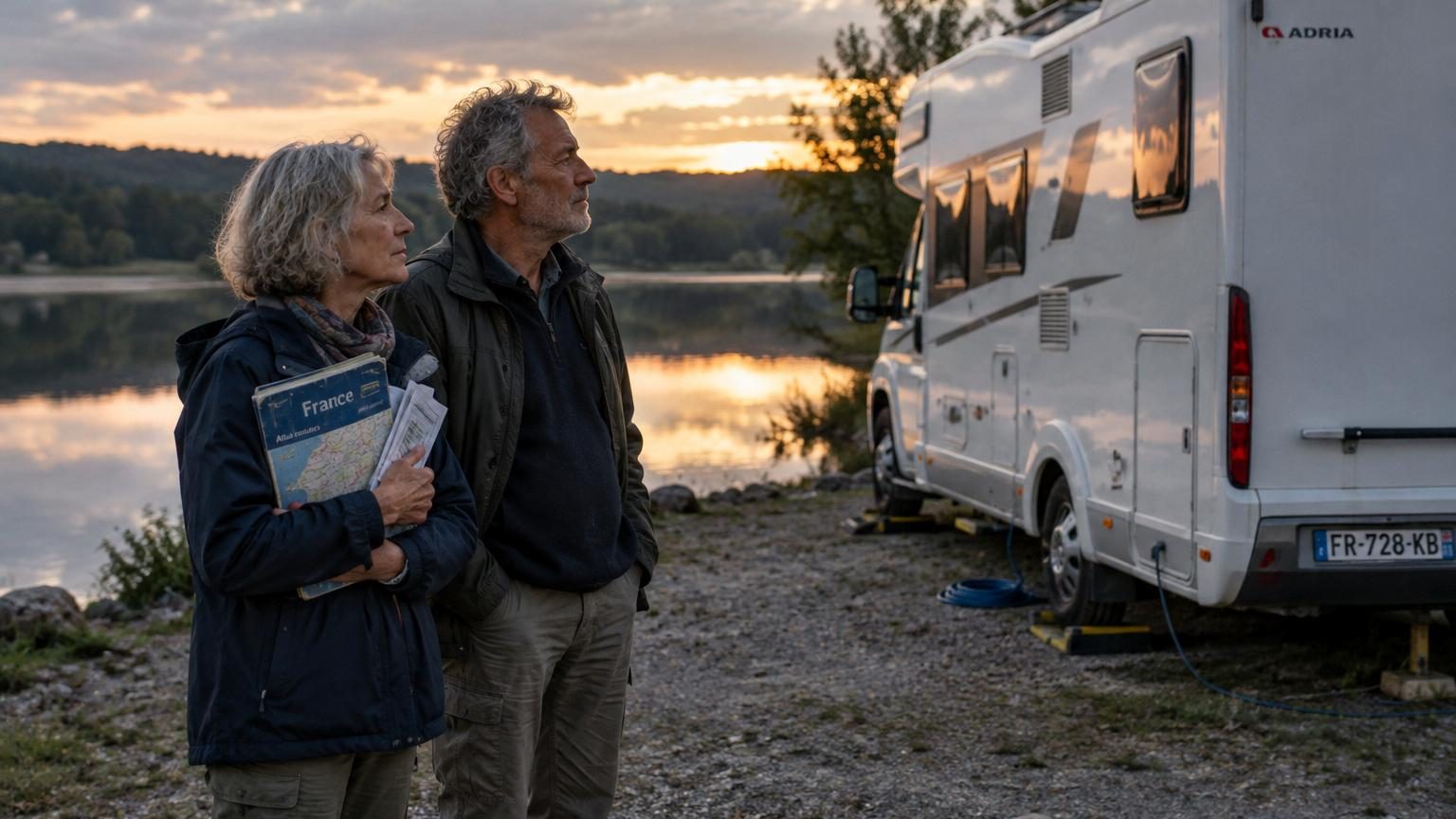 Jean-Pierre et Catherine assis dans leur camping-car de nuit, stationnés au bord d'un lac noir, échangeant un regard de doute face aux traces de leur vie nomade.