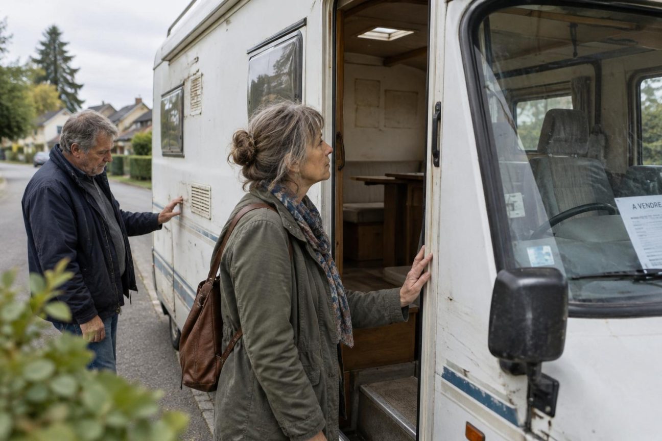 Un camping-car blanc crème vide stationné sur une rue, avec un panneau « Camping-car à vendre, 7 ans de voyages » affiché sur le pare-brise, tandis qu'une femme caresse la poignée de la porte.