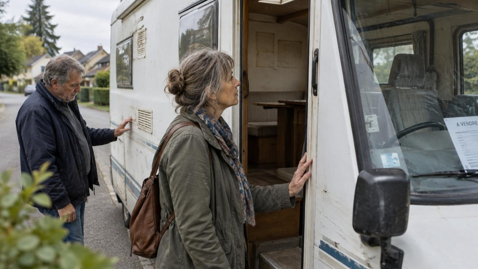 Un camping-car blanc crème vide stationné sur une rue, avec un panneau « Camping-car à vendre, 7 ans de voyages » affiché sur le pare-brise, tandis qu'une femme caresse la poignée de la porte.