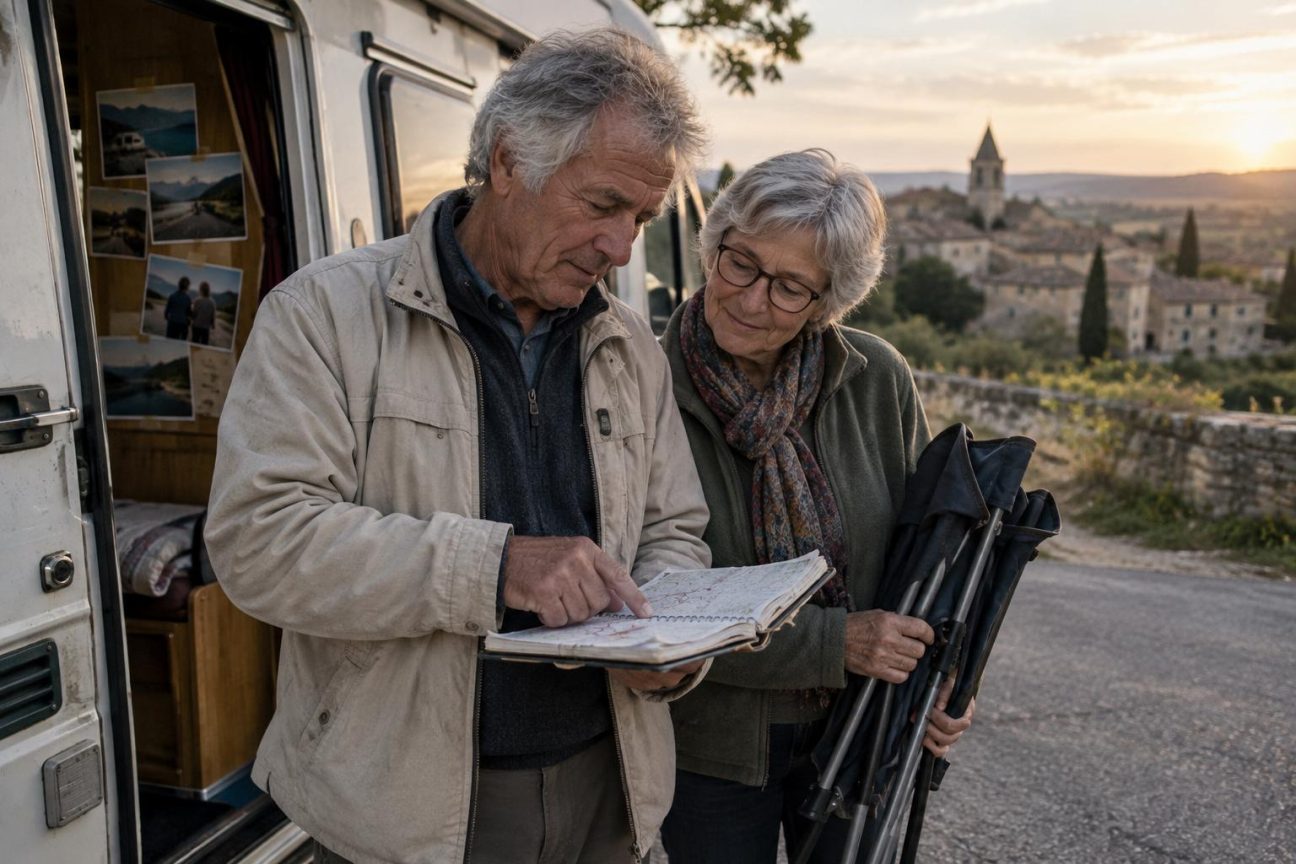 Nicole et Jean, un couple de retraités souriants, rangent leurs affaires de camping. Derrière eux, un vieux carnet à spirales et des photos jaunies témoignent de trois décennies de voyages en camping-car à travers l'Europe.