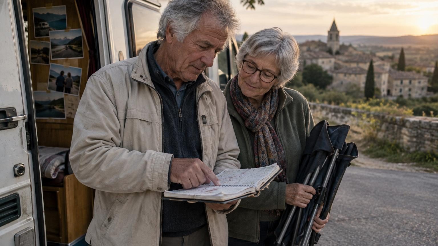 Nicole et Jean, un couple de retraités souriants, rangent leurs affaires de camping. Derrière eux, un vieux carnet à spirales et des photos jaunies témoignent de trois décennies de voyages en camping-car à travers l'Europe.