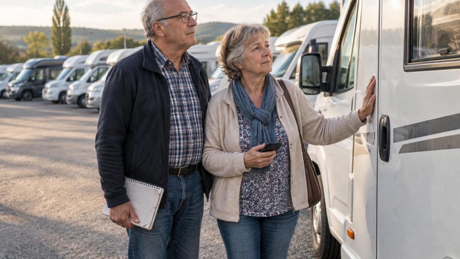 Michel et Brigitte devant un camping-car stationné, fermant la porte, symbole de la fin de quinze ans de voyages itinérants.
