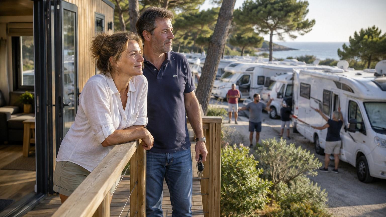 Couple regardant un camping-car immobilisé dans un parking bondé avec d'autres véhicules de loisirs entassés, symbolisant l'étouffement d'une vie de voyage saturée et bruyante.