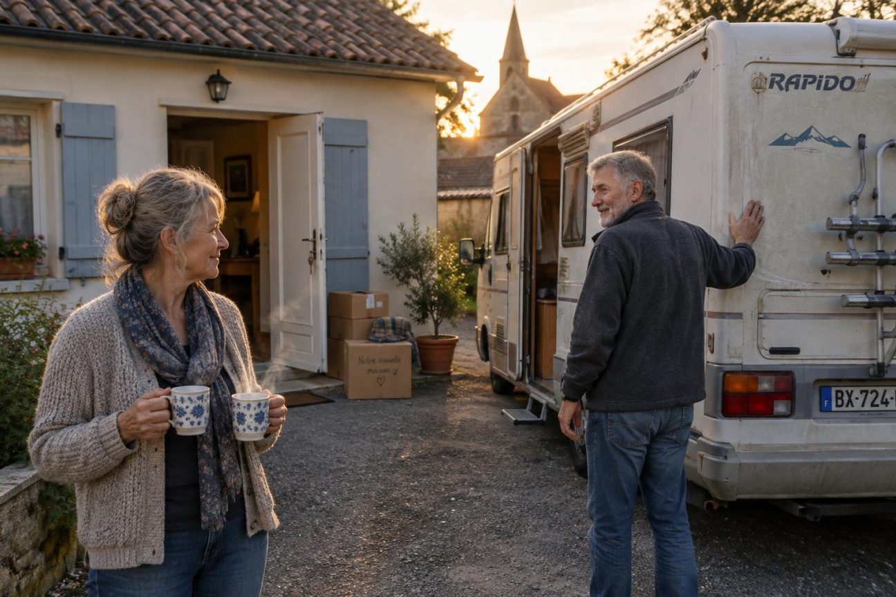 Couple de retraités dans le jardin de leur première maison, ancien camping-car visible en arrière-plan, souriant avec soulagement et satisfaction