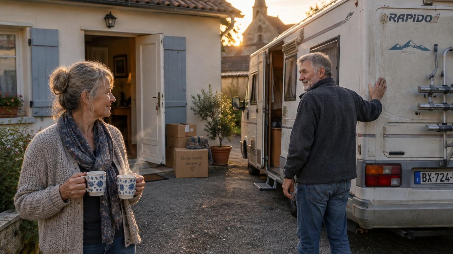 Couple de retraités dans le jardin de leur première maison, ancien camping-car visible en arrière-plan, souriant avec soulagement et satisfaction