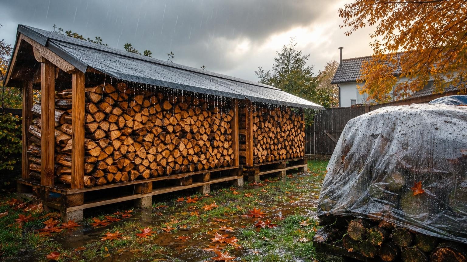 Un tas de bûches surélevées sur des palettes, recouvert d'une bâche inclinée sur les côtés, dans une zone ventilée.