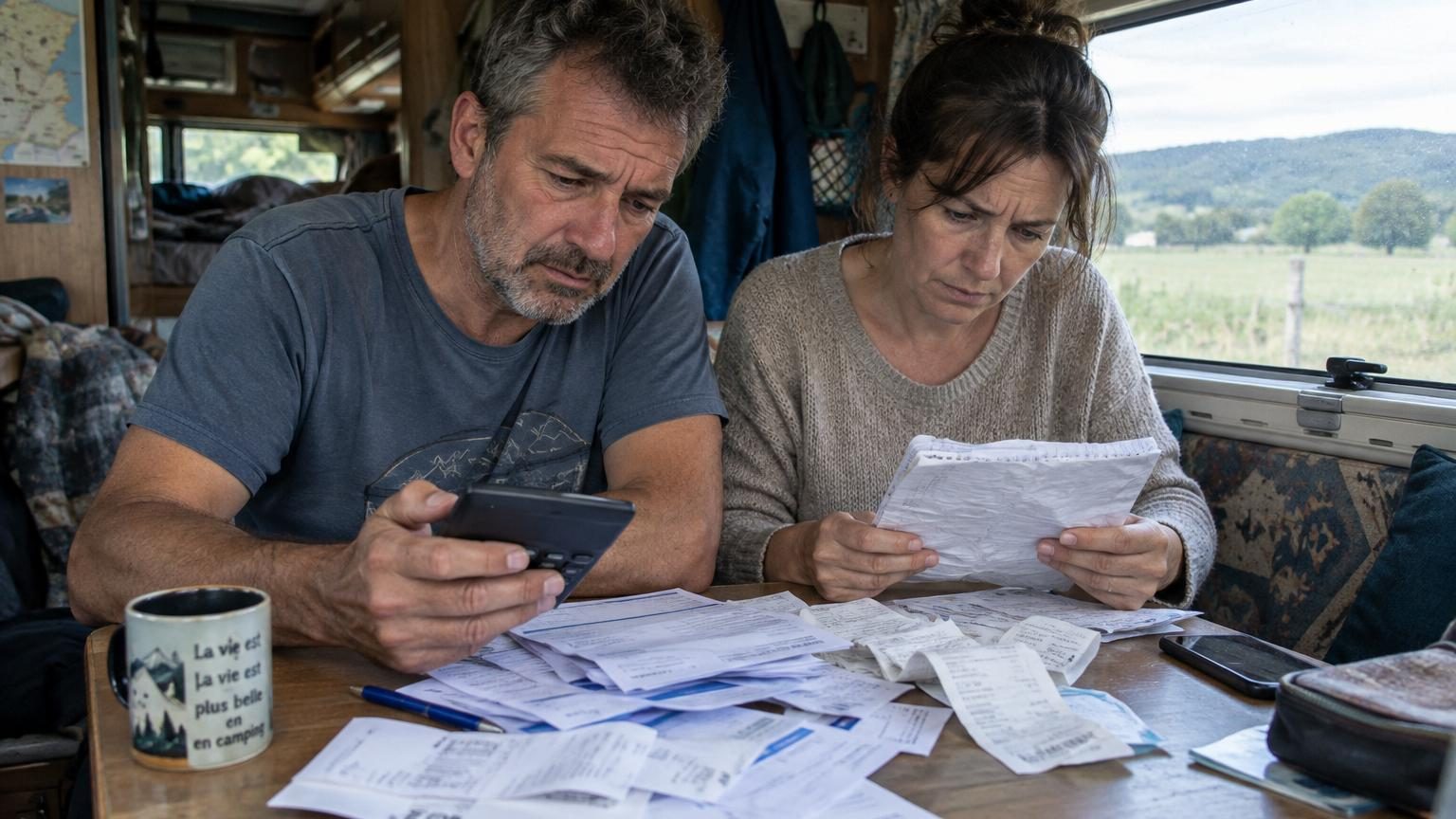 Intérieur d'un camping-car avec une femme assise à une table scrutant des tickets de caisse, une calculatrice à portée, tandis qu'un homme répare une fixation de placard en arrière-plan.