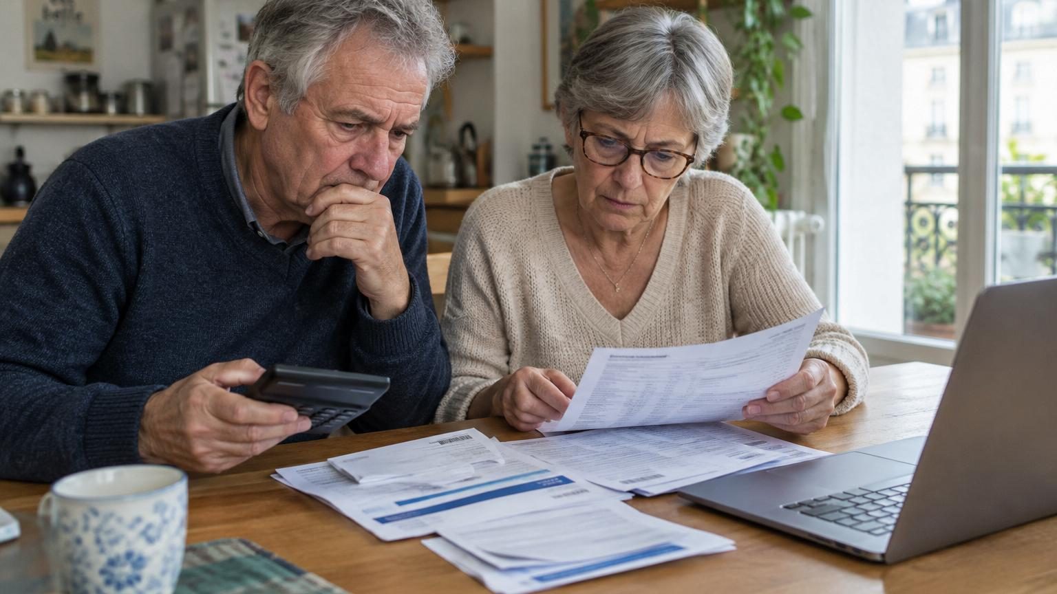 Un couple assis à une table dans un salon lumineux, entouré de relevés bancaires, stylos bleus et surligneurs, analysant ligne par ligne son budget retraite avec concentration.