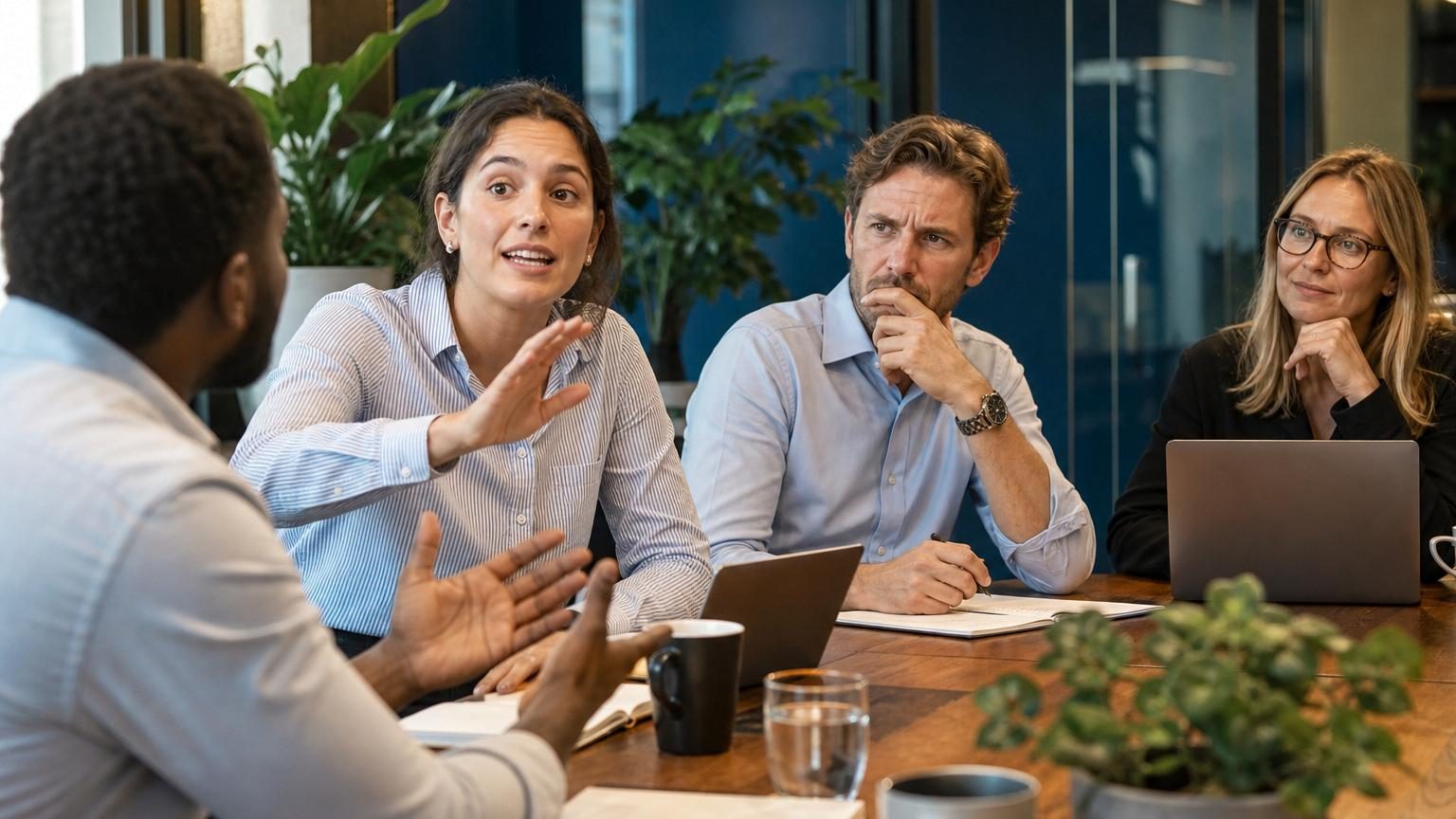 Réunion ou discussion en groupe où plusieurs personnes parlent simultanément, avec une personne au centre prenant la parole avant les autres de manière répétée