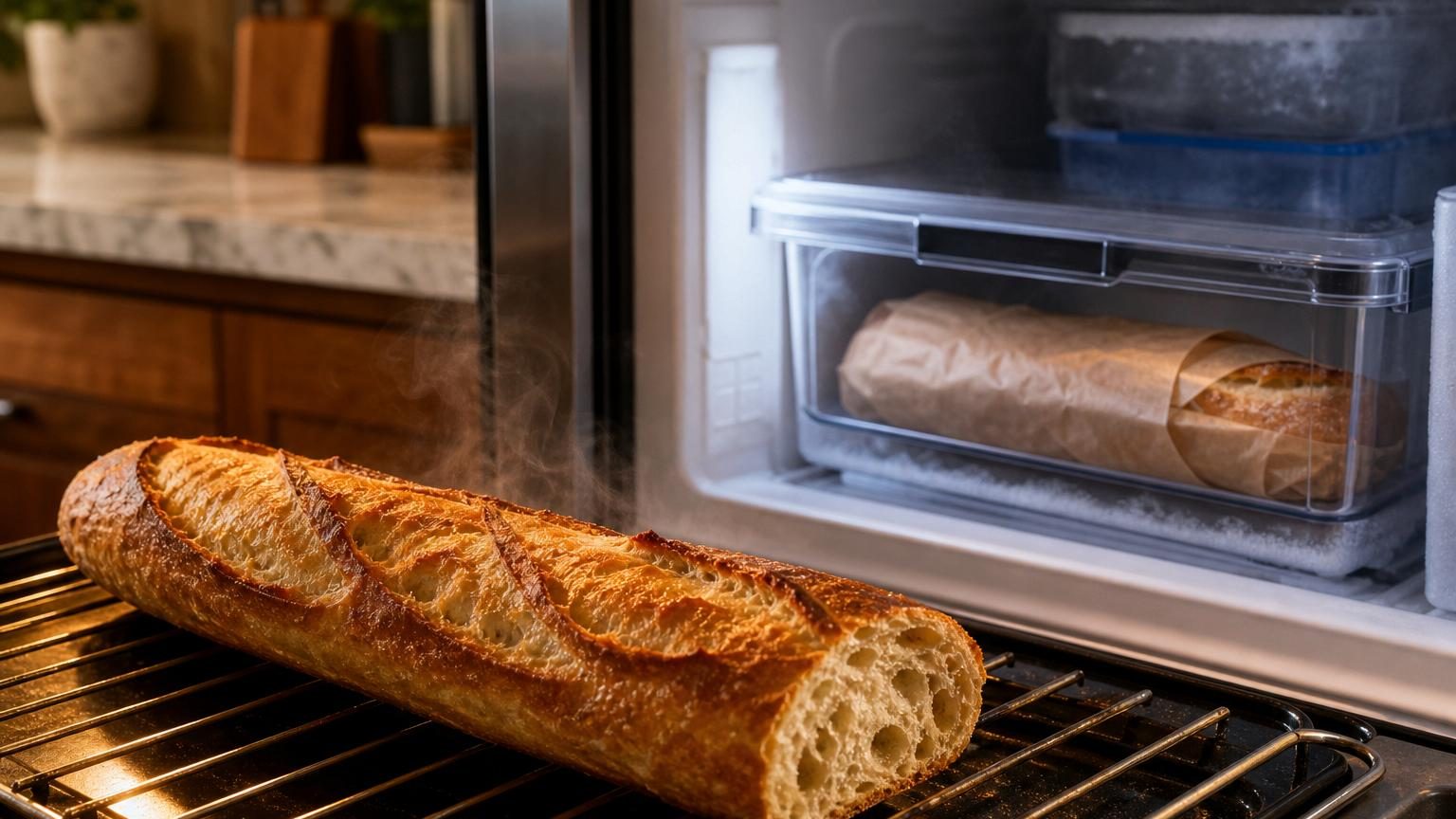 Congeler le pain sans plastic ni aluminium : papier parchemin + container hermétique, puis 10 minutes au four à 190°C pour le retrouver croustillant après 3 mois