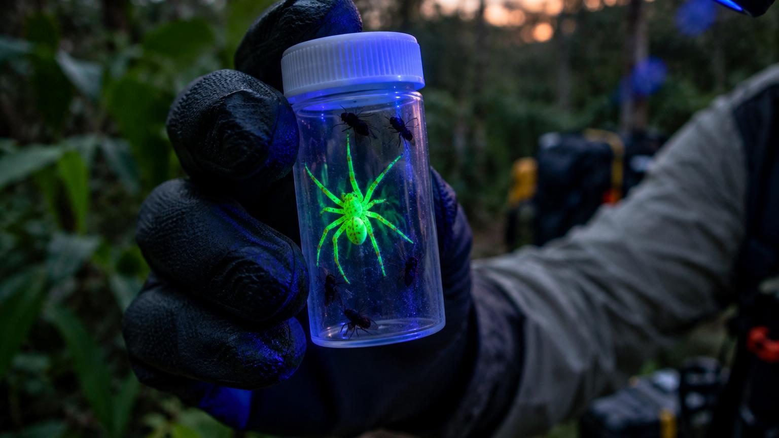 Araignée-crabe fluorescente émettant une brillance bleue sous lumière ultraviolette sur une feuille en forêt tropicale angolaise