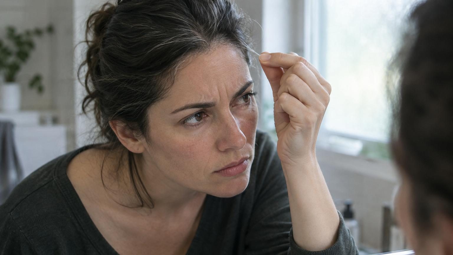 Gros plan d'une femme se regardant dans un miroir, pointant du doigt un cheveu blanc isolé sur ses cheveux bruns