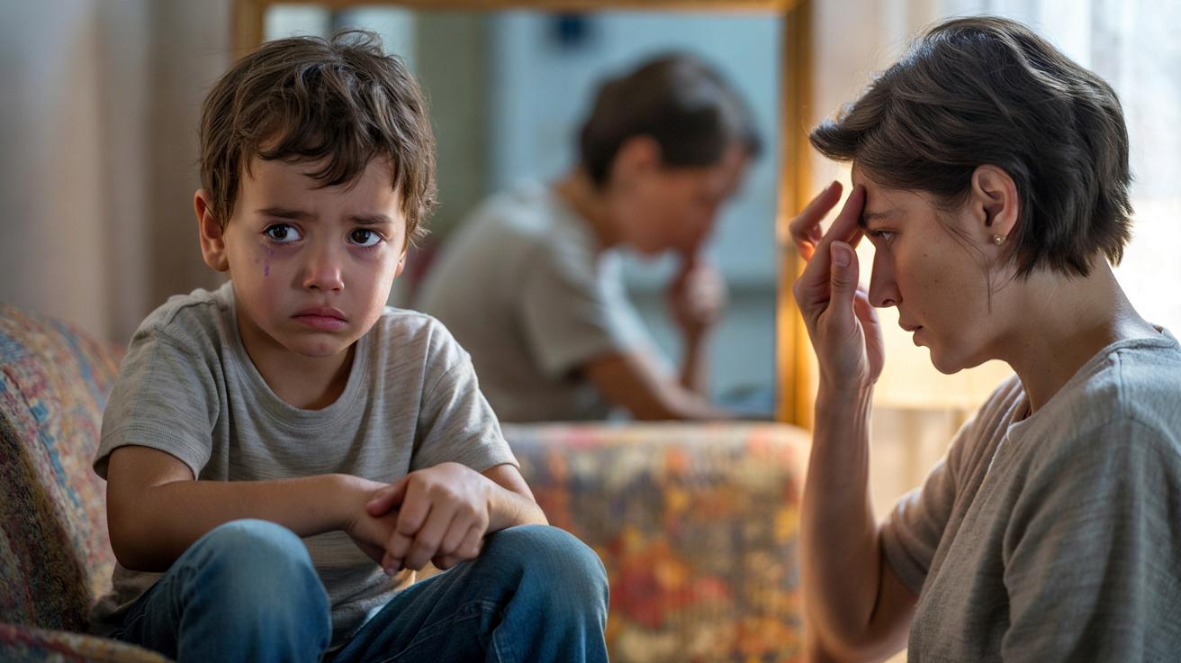Parent et enfant en silhouette, l'enfant baissant la tête tandis que le parent lève un doigt en geste de réprimande ou d'interdiction.