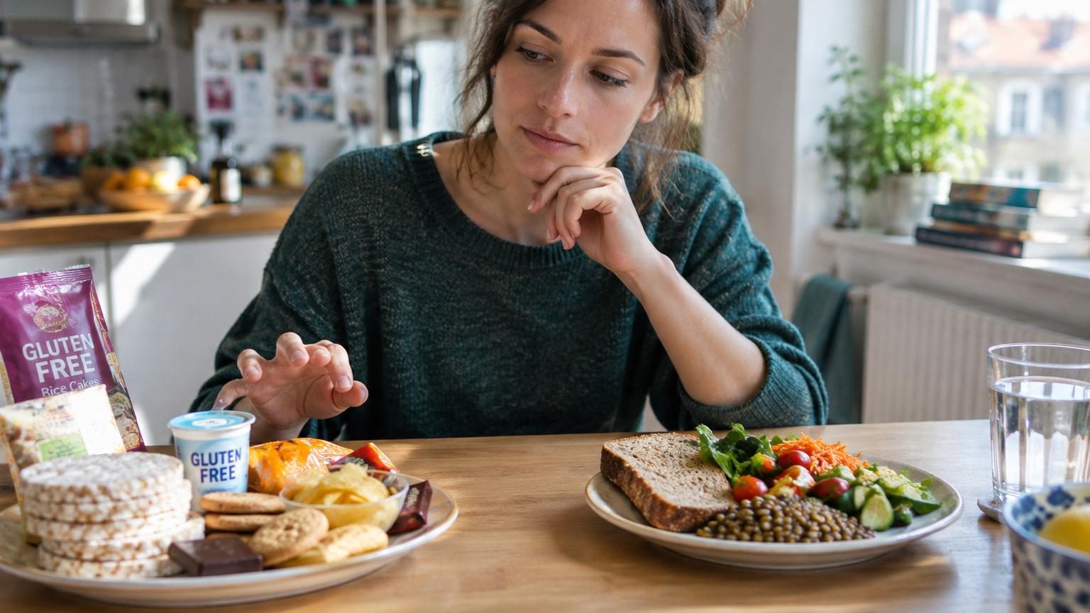 Assiette équilibrée avec fruits, légumes et céréales complètes, symbolisant l'alimentation sans gluten mais nutritionnellement complète.