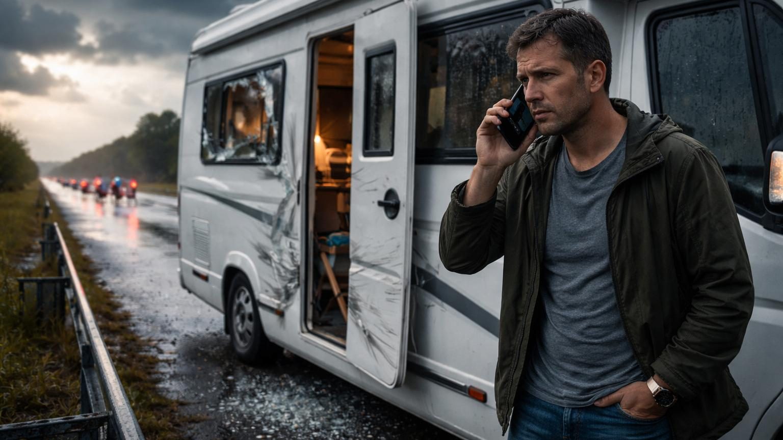 Camping-car endommagé avec portière enfoncée et vitre explosée, propriétaire au téléphone recevant un refus d'indemnisation de son assureur.