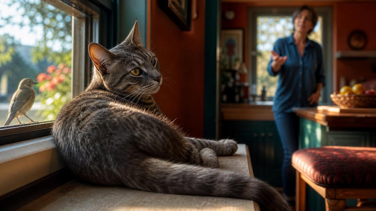Chat gris aux oreilles dressées écoutant attentivement, assis dans un intérieur familial, symbolisant son écoute discrète et sa compréhension de la voix humaine.