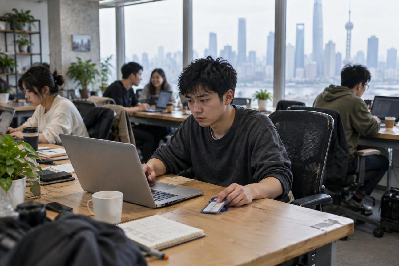Un jeune employé assis à son bureau dans un open space contemporain, devant son ordinateur, portant une expression neutre ou réfléchie, dans un décor de bureau minimaliste et lumineux.
